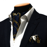 BLUE AND GOLD CHAIN SILK CRAVAT & POCKET SQUARE SET
